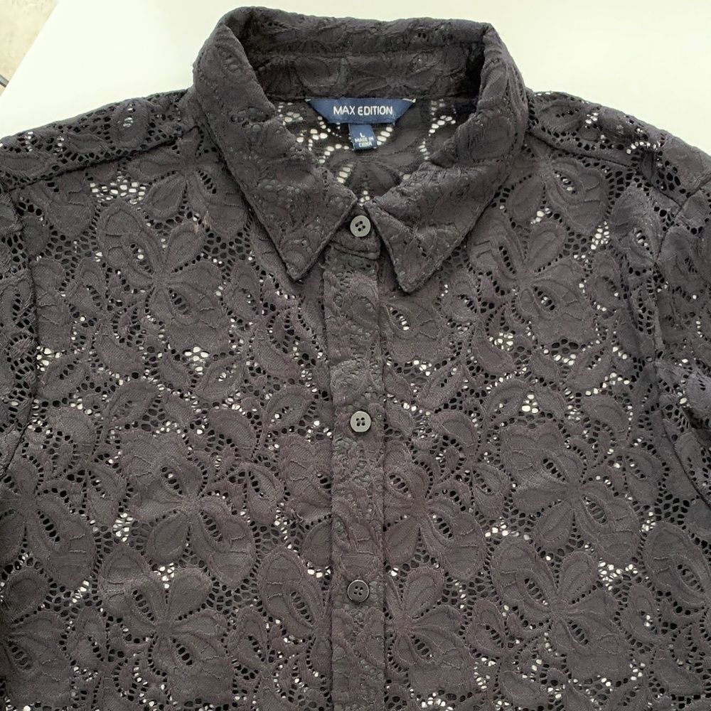 Max Edition Black Lace Collar Button-Up Shirt Blouse Size L